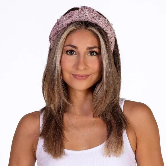 Knotted Headband for WomenComfortable Fashion Headband Pink Tweed with Pearl